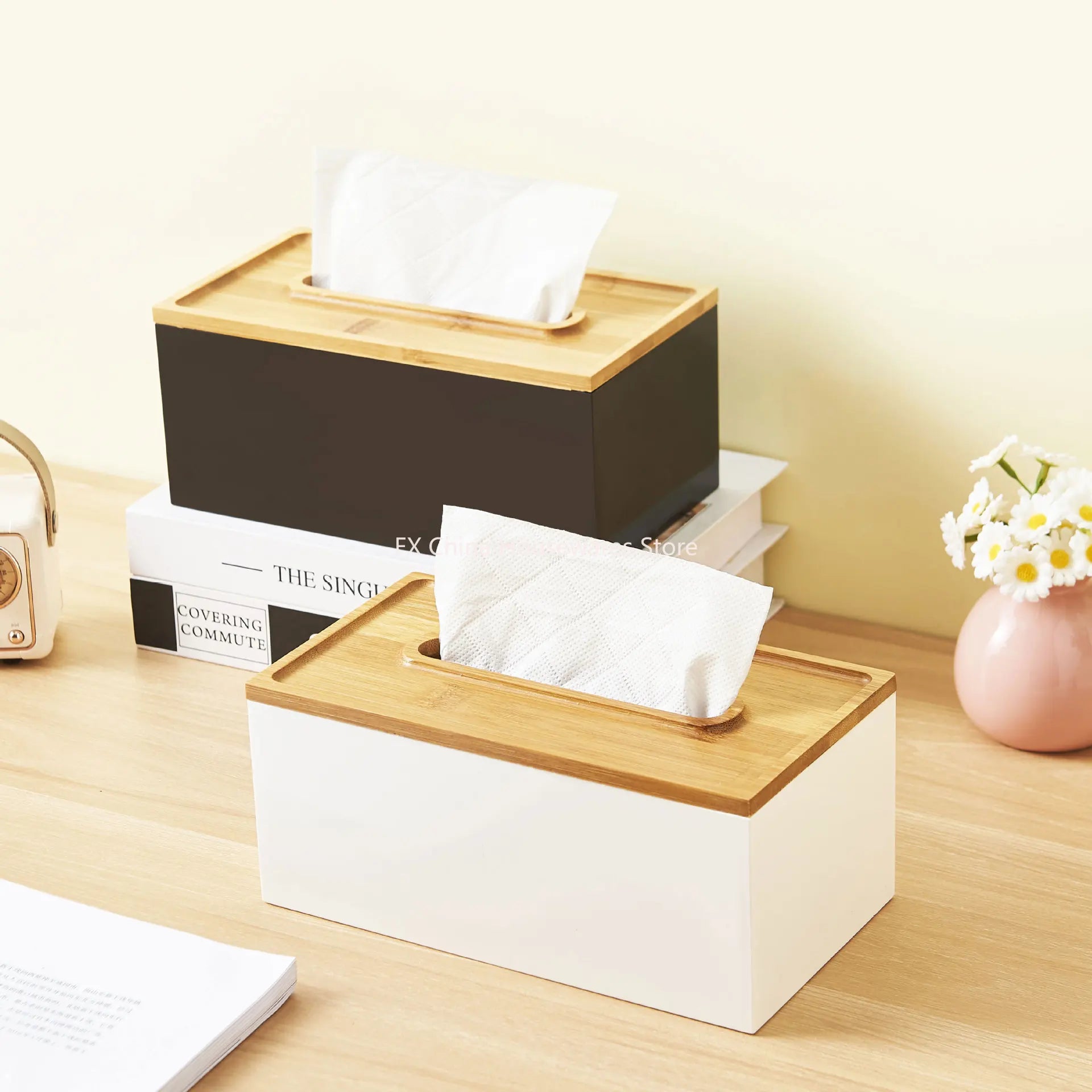 Japanese Style Bamboo Lid Tissue Box Holder - Plastic Desktop Organizer for Living Room, Bathroom, Office, Kitchen Storage Oasis Select