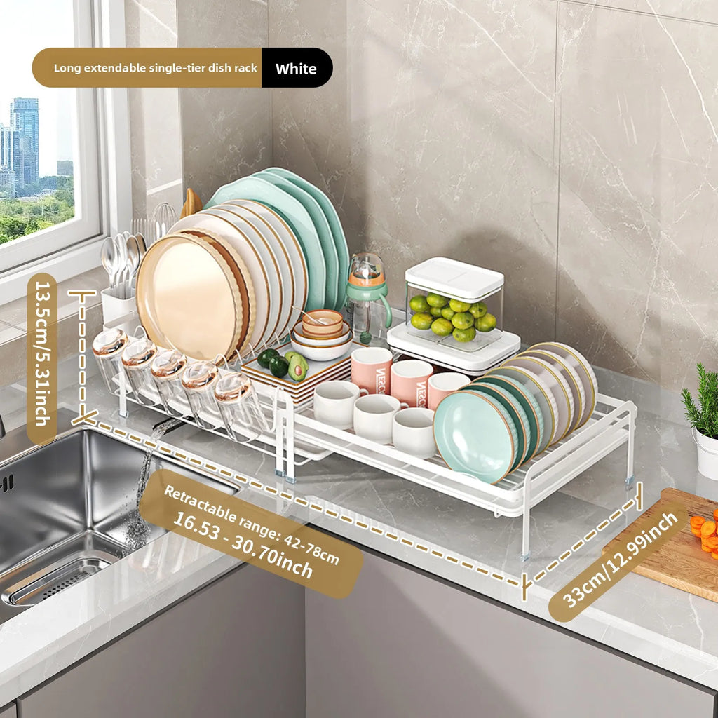 Kitchen Dish Drain Rack Multifunctional Tableware Storage Basket Cup Holder Sink Retractable Dish Storage Rack Oasis Select White