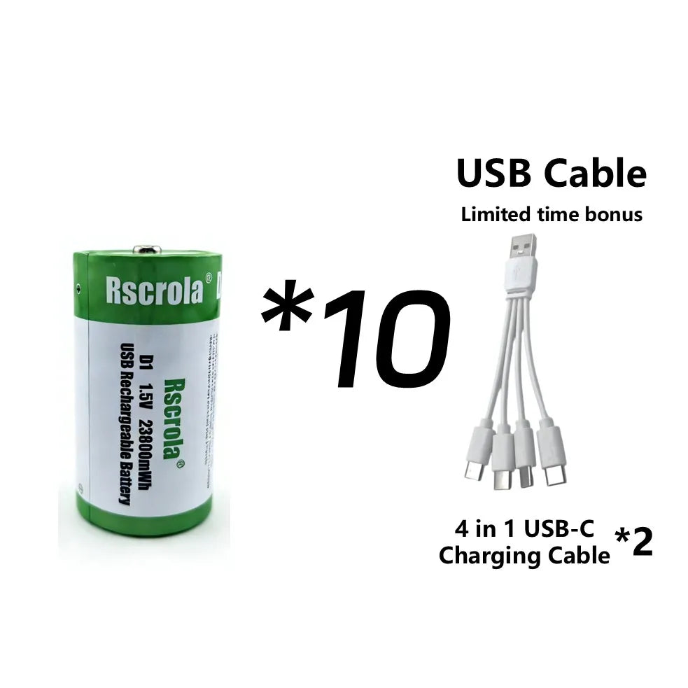 1.5V 23800mWh D Cell Batteries Rechargeable D Batteries with Charger Cable for Gas Cooker Water Heater Flashlight Radio Tool Toy Oasis Select 10P D1 Battery 1.5V