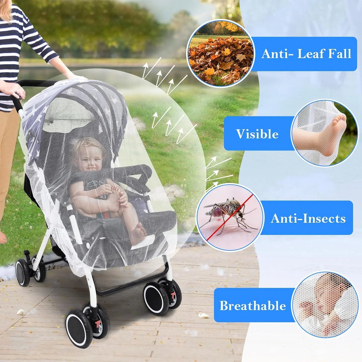 Stroller Mosquito Net, Full Coverage Dense Mesh for Insect Protection, Polyester Outdoor Baby Stroller Gear Stroller Accessories Oasis Select