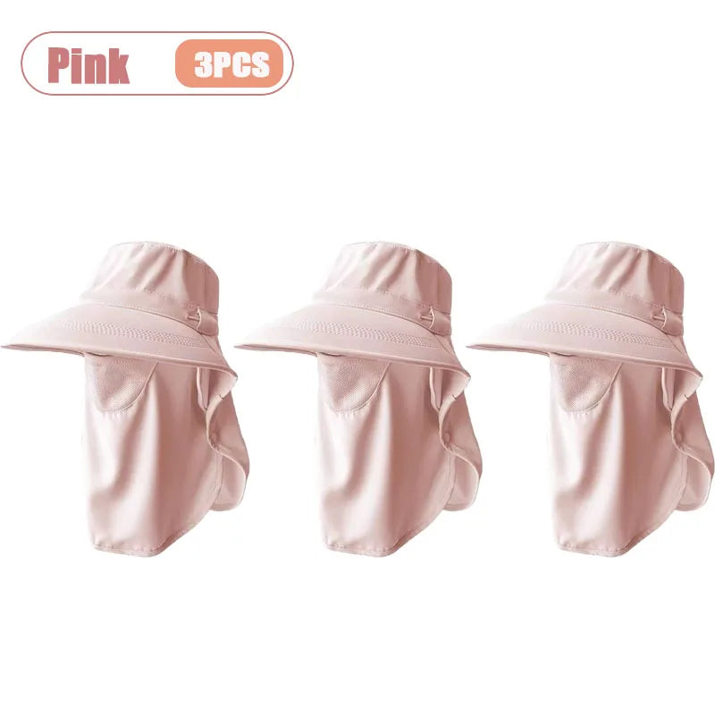 Breathable UV Protection Sun Hat with Face Cover and Neck Flap for Women Summer Outdoor Fishing Hiking Gardening Wide Brim Cap Oasis Select Pink-3PCS
