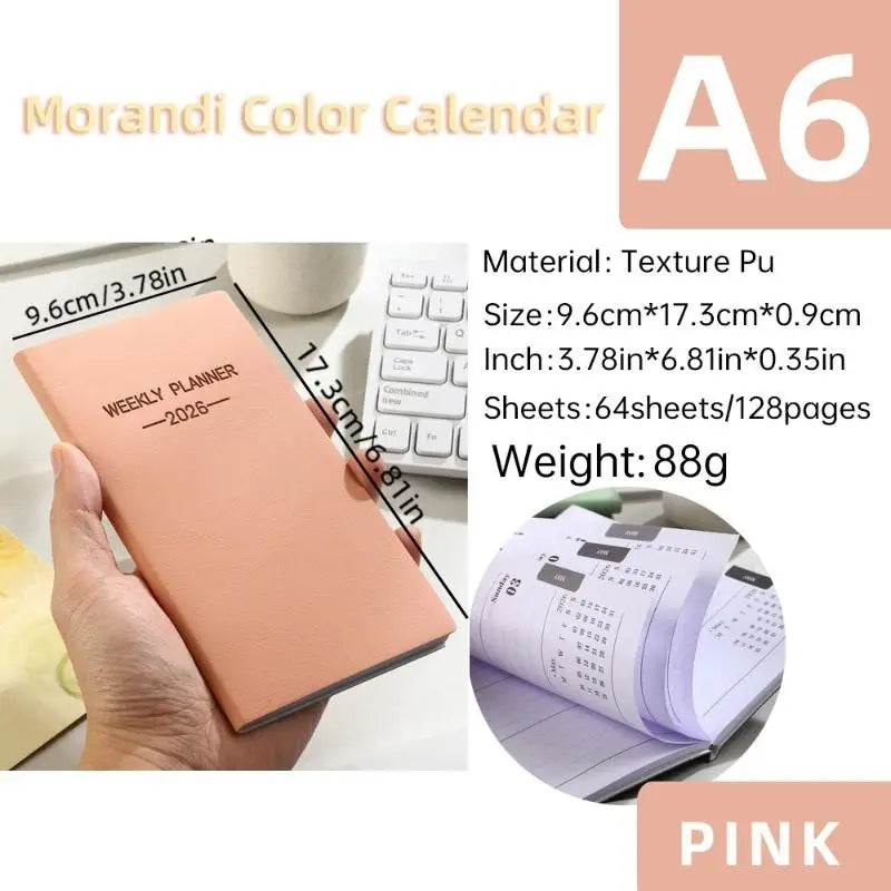 1pc A6 Size 2026 Daily Planner, Morandi Color Leather Calendar, 64 Sheets 128 Page Thin Weekly Calendar Book Oasis Select A3