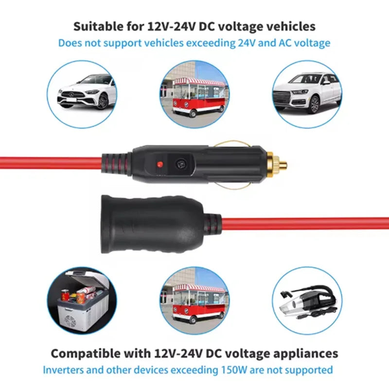 3.6m Car Power Cable Extender 12V 24V Car Cigarette Lighter Extension Cord Socket Female Plug Auto Charger Cable with 15A Fuse Oasis Select