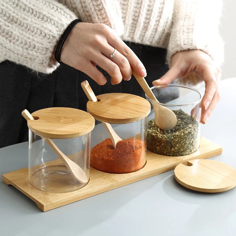 3Pcs Condiment Jars Set Clear Glass Bamboo Lid Spice Jar with Spoon Kitchen Sugar Salt Spices Storage Box Household Container Oasis Select