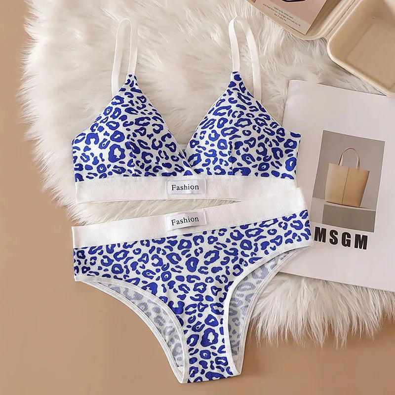 1-4pcs Summer Set New Women's Leopard Print Traceless and Steel Rim Bra Adjustable Shoulder Strap Back Women's Underwear Set Oasis Select