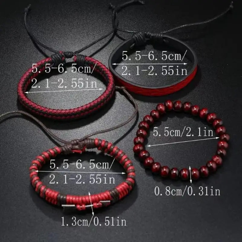 4Pcs/Set Fashion Vintage Men's Leather Bracelet Cupid's Arrow Wooden Beaded Leather Hand Woven Retro Fashion Bracelets For Men Oasis Select