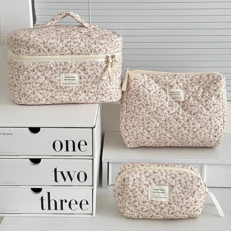 Corduroy Floral Cosmetic Bag – Pink Flower Makeup Pouch
