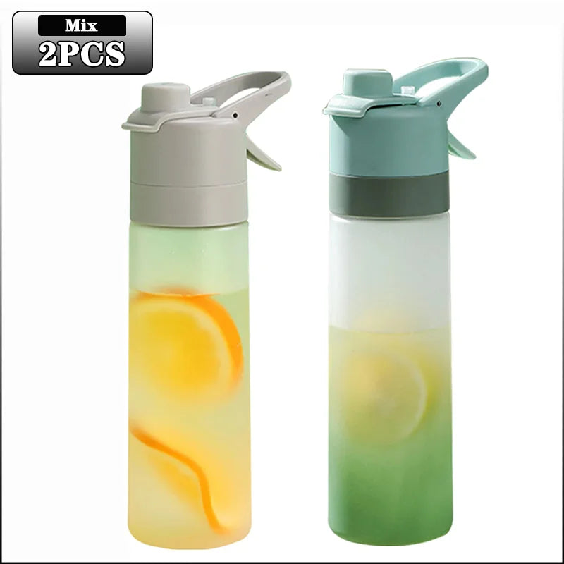 1-4PCS Large Capacity Spray Water Bottle with Straw Gradient Frosted Portable Outdoor Sports Travel Mist Sprayer Reusable Cup Oasis Select 650ML Grey-Green-2PCS