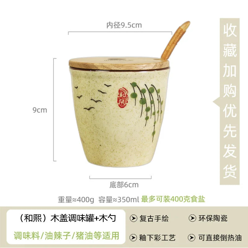 Ceramic Retro Seasoning Pot Hand-painted Salt Pot Oil Tank Pepper Pot for Kitchen Oasis Select 350ml wooden spoon 2