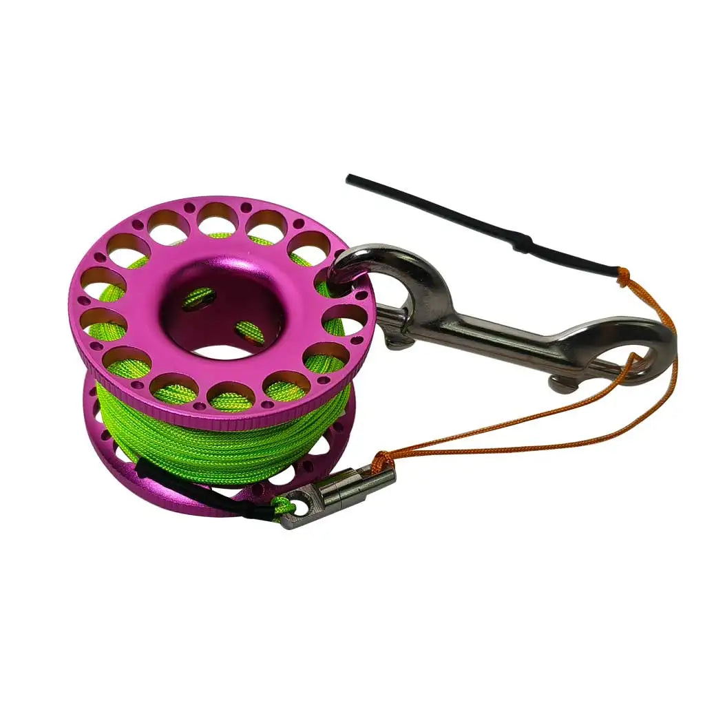 30M Aluminum Alloy Scuba Diving Spool Finger Reel with Stainless Steel double ended hook Cave Tech Wreck Diving Finger Reel Oasis Select Green-Purple 30M