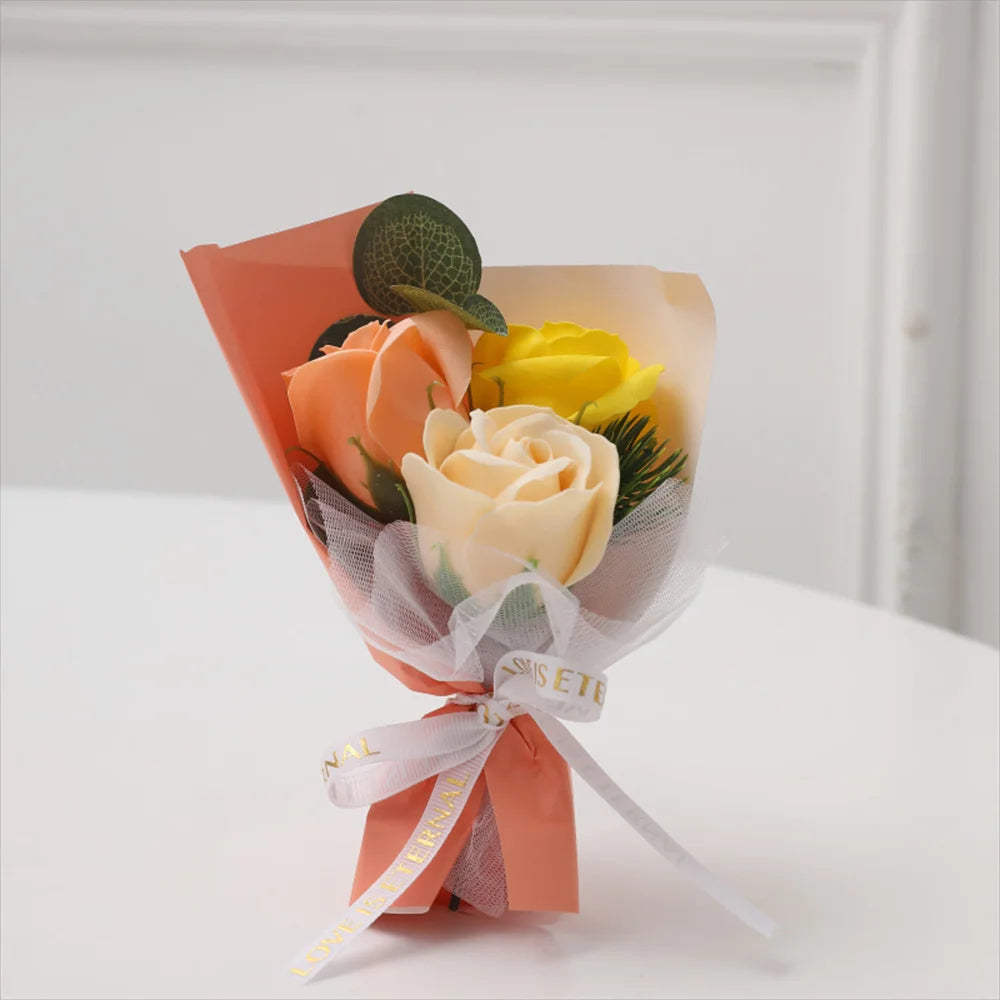 3 Heads Soap Rose Bouquet Valentines Day Gift For Friends Wedding Bouquet Home Decor Rose Flower Bouquet Wedding Party Gift 2024 Oasis Select Orange