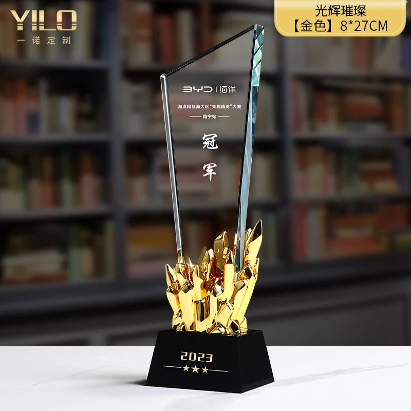 Crystal Trophy Gold-plated Excellent Staff Competition Award Creative Honor Sales Champion Engraved Custom Trophy Oasis Select Gold 27cm x 8cm