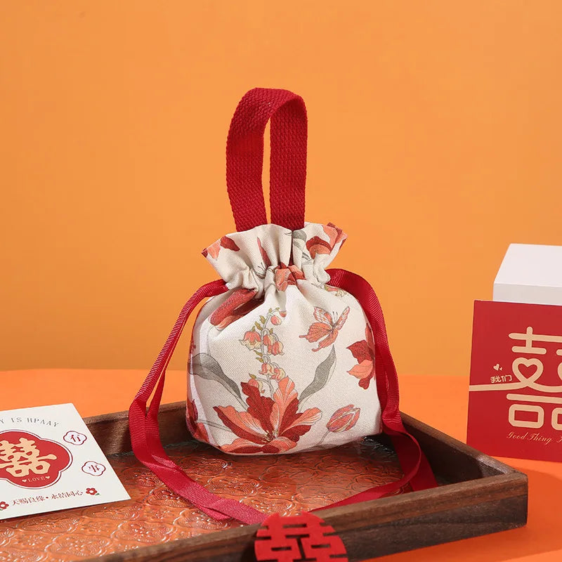 Retro Flower Drawstring Candy Bag | Wedding & Party Gift Pouch