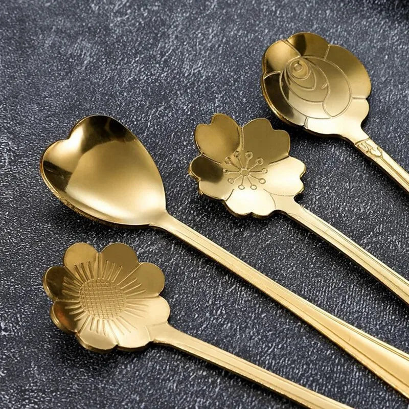 Stainless Steel Cherry Flower Gold Scoop Coffee Spoon Gift Kitchen Dessert Tea Replacement Tableware Decoration Set 13Cm Oasis Select