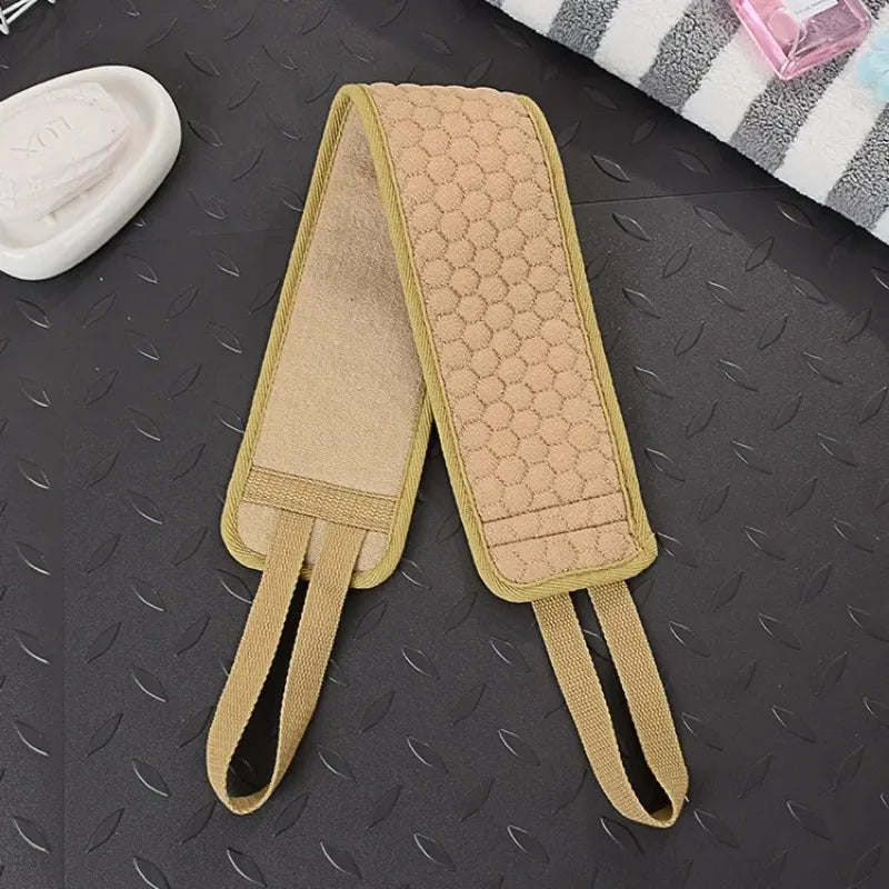 Exfoliating Back Scrubber, Long Handle Bath Scrub Strap for Shower, Double-Sided Body Washcloth for Deep Cleansing Hand Towel Oasis Select Khaki