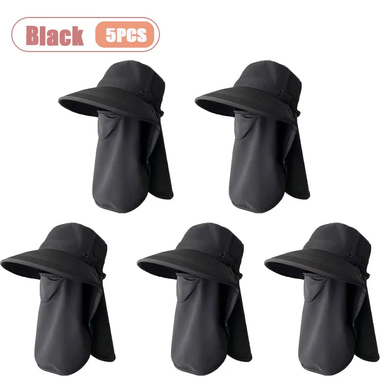 Breathable UV Protection Sun Hat with Face Cover and Neck Flap for Women Summer Outdoor Fishing Hiking Gardening Wide Brim Cap Oasis Select Black-5PCS