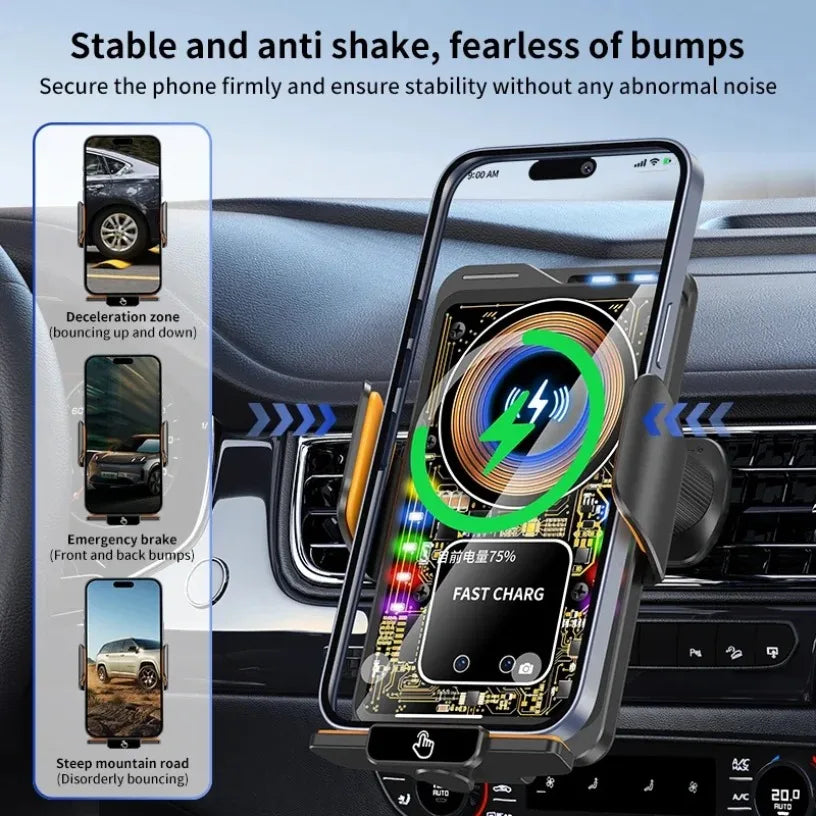 Magnetic 15W Car Wireless Charger Max 66W Fast Charging Auto-Clamping RGB Light Phone Holder Stand Bracket For iPhone Samsung Oasis Select