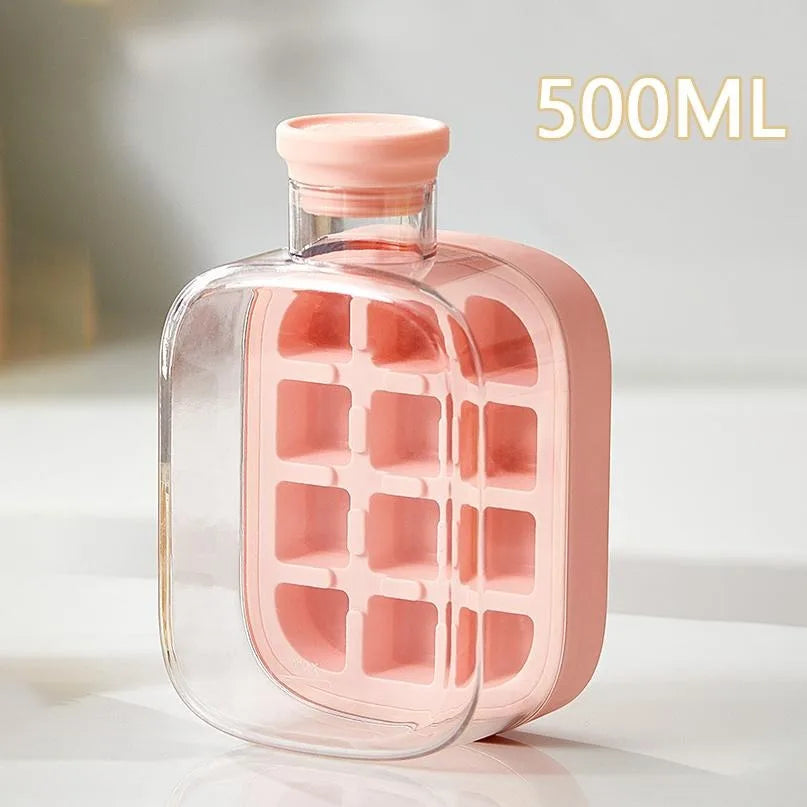 500/800ml 2in1 Ice Cube Tray with Water Bottle Press Type Portable Ice Maker High Capacity Ice Mold for Home Kitchen Summer Use Oasis Select Pink-600ml