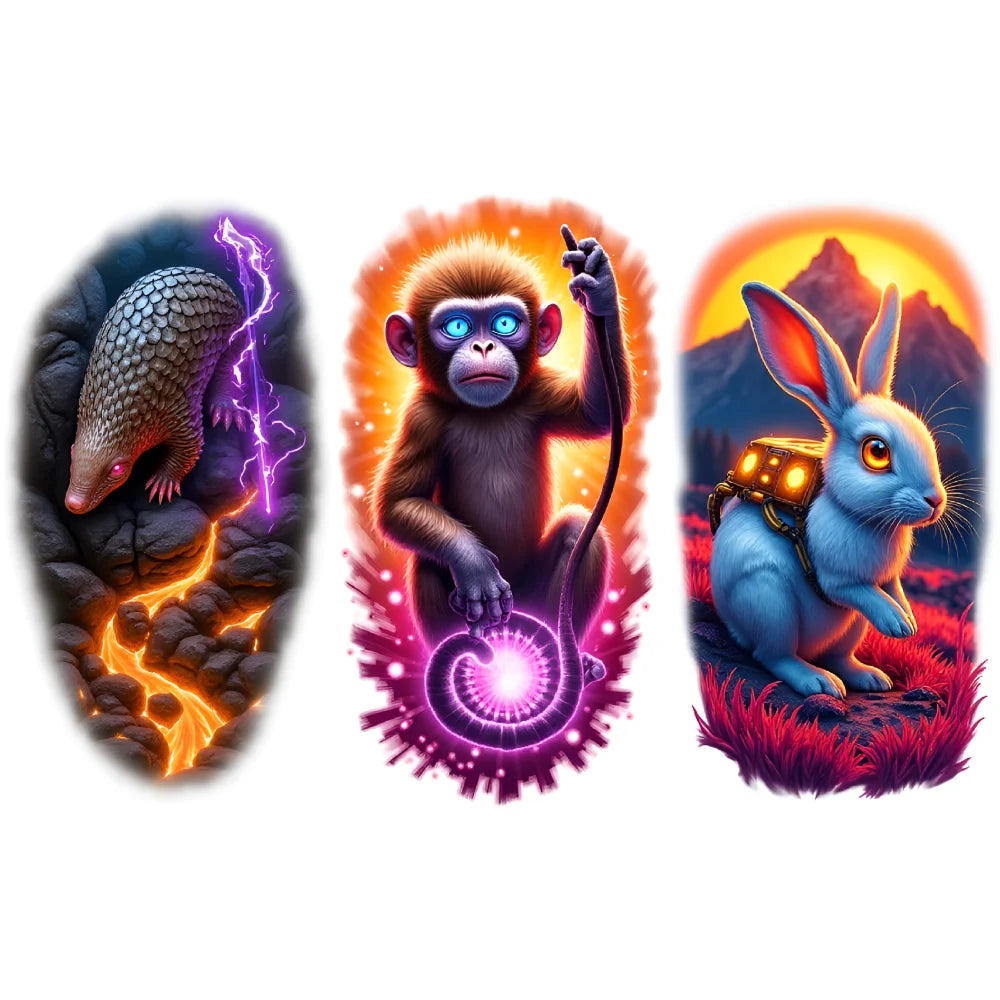 3-Pack Temporary Tattoos – Rhino, Rabbit & Beetle Designs