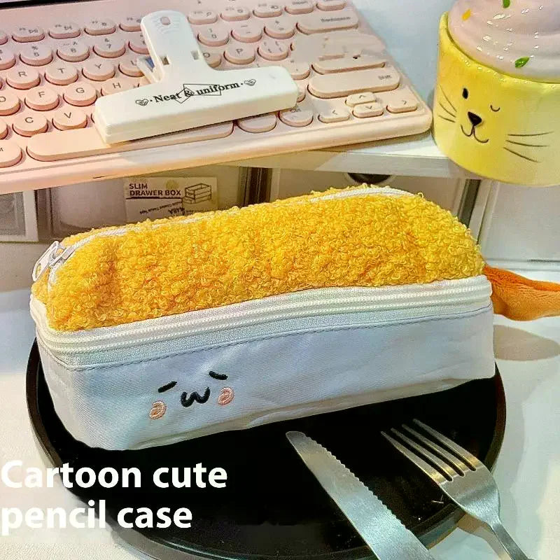 Cute Cartoon Fried Shrimp Plush Pen Bag Kawaii Large Capacity Zipper Soft Pen Case Stationery Storage Bag School Supplies Oasis Select