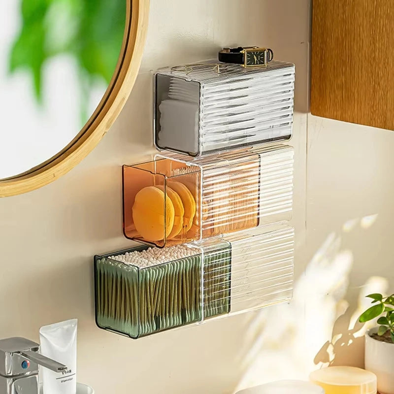 WISH Wall-Mounted Cotton Pad And Swab Organizer Box, Punch-Free Transparent Plastic Cosmetic Storage Container With Drawer Oasis Select
