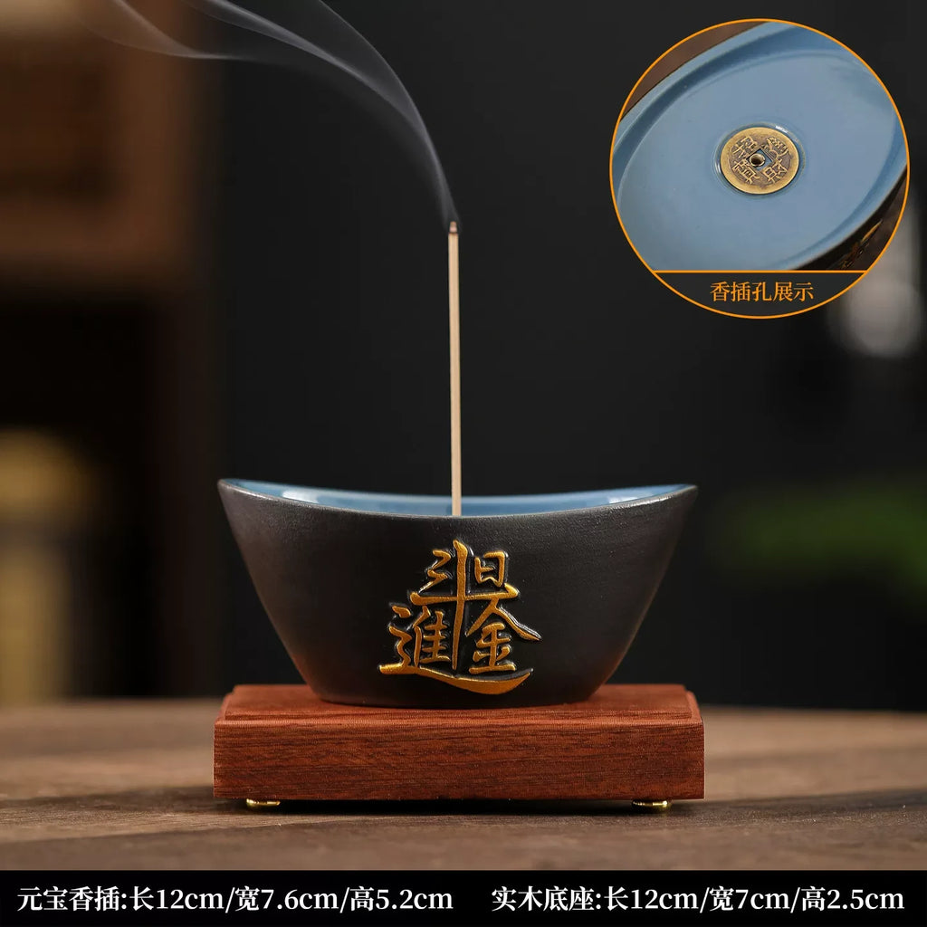 Jade Ceramic Yuanbao Incense Burner Attract Wealth, Stick & Coil Incense Holder for Tea Room Home Desktop Decoration Oasis Select F