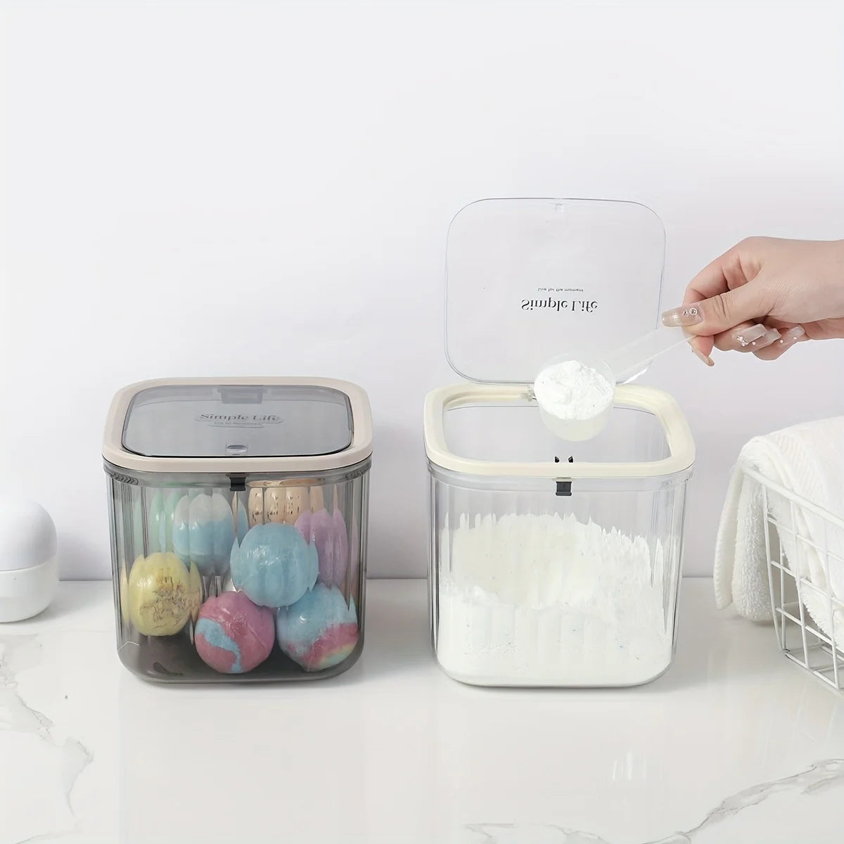 Set of High Capacity Plastic Jars, Laundry Organization Storage Boxes, Laundry Detergent Storage Container with 1 Scoop Oasis Select