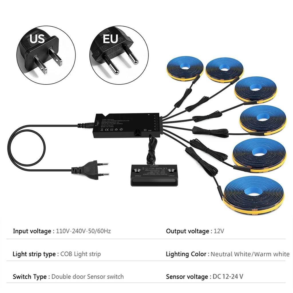 Door Sensor Switch Full Set Black LED Strip Light Power Kit Easy to Conceal,12V PCB COB Tape For Kitchen Cabinet Wardrobes Decor Oasis Select