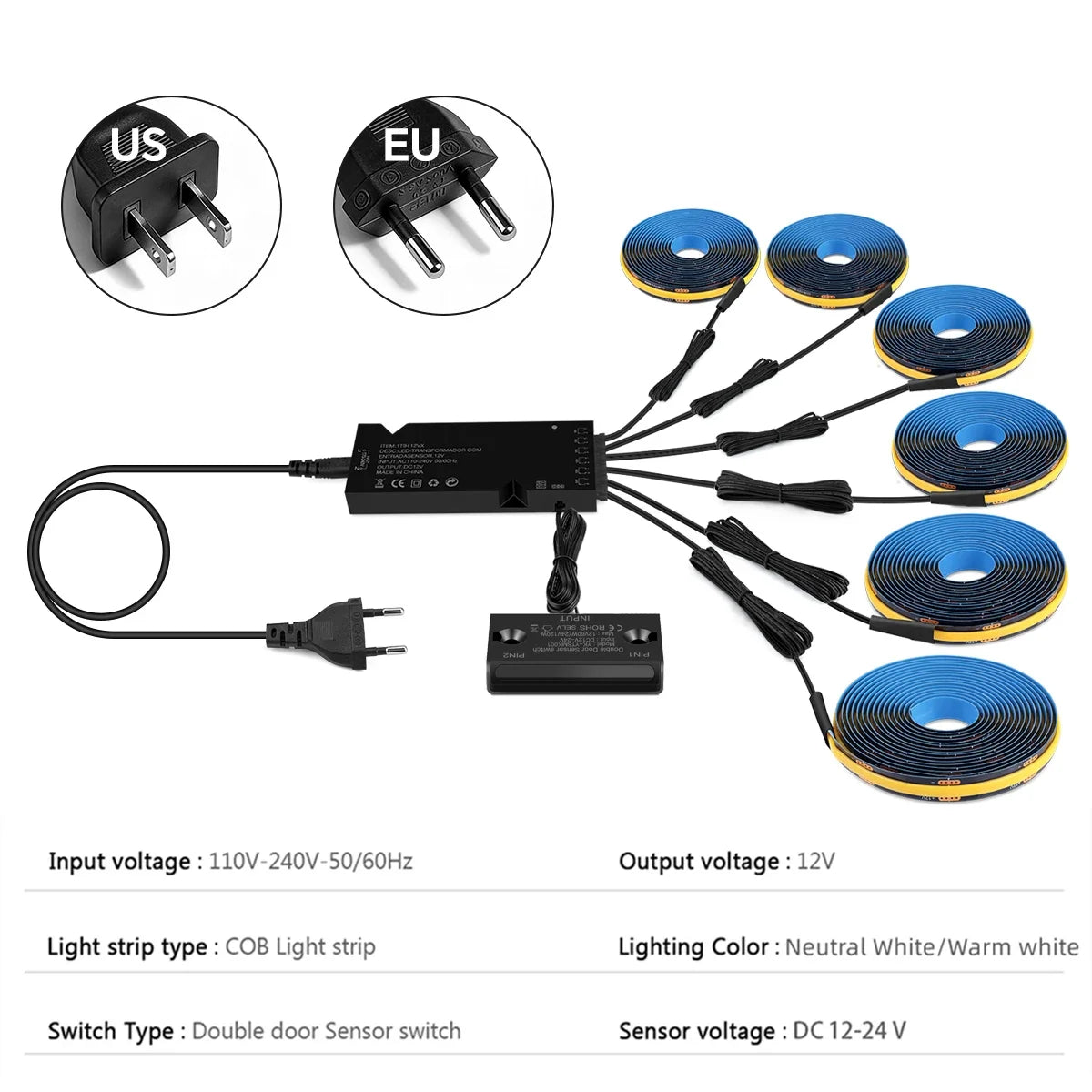 Door Sensor Switch Full Set Black LED Strip Light Power Kit Easy to Conceal,12V PCB COB Tape For Kitchen Cabinet Wardrobes Decor Oasis Select