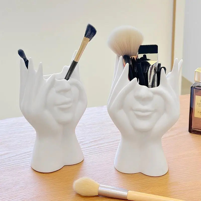 Pen Holder & Desk Decor White Abstract Face Sculpture with Hands, Modern Office Desktop Organizer for Pens, Makeup Brushes Oasis Select