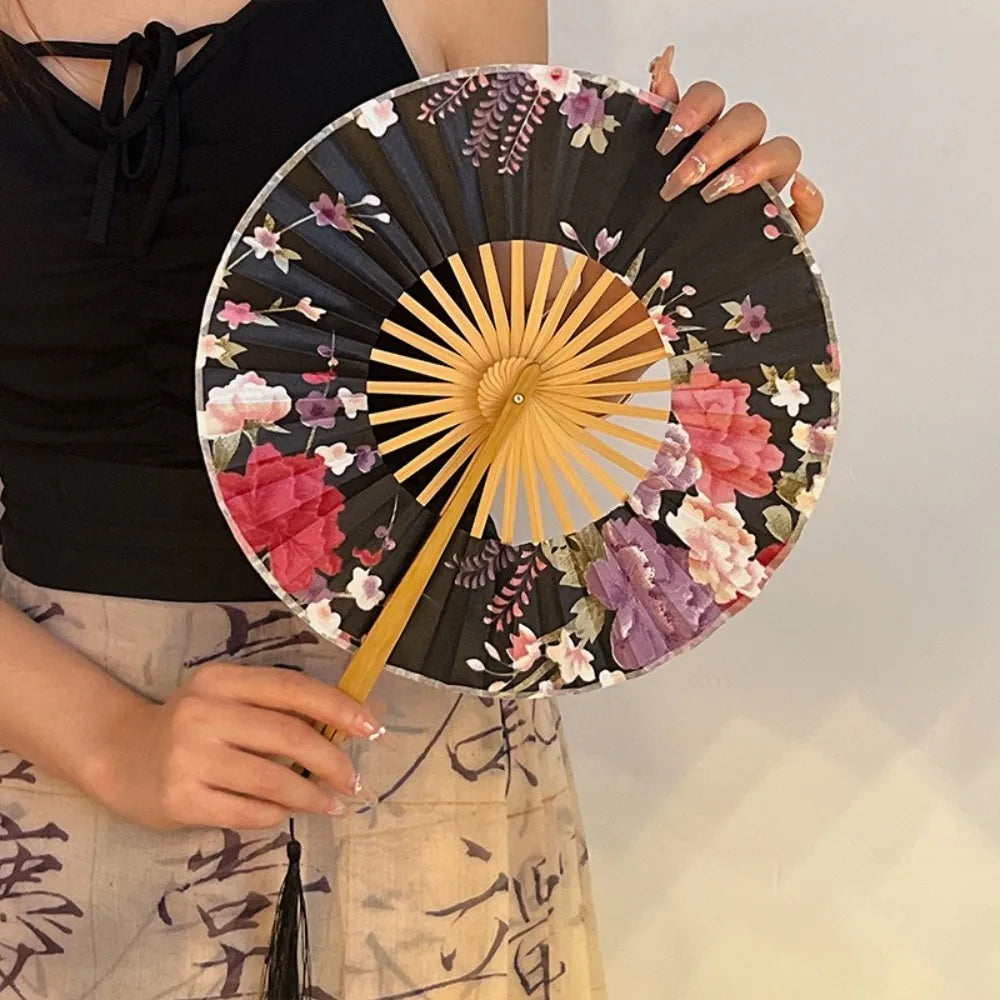 Chinese Style Hand Fold Fan Silk Bamboo Silk Flower Folding Fan Dance Props Tassel Elegent Retro Classical Dance Fan Oasis Select