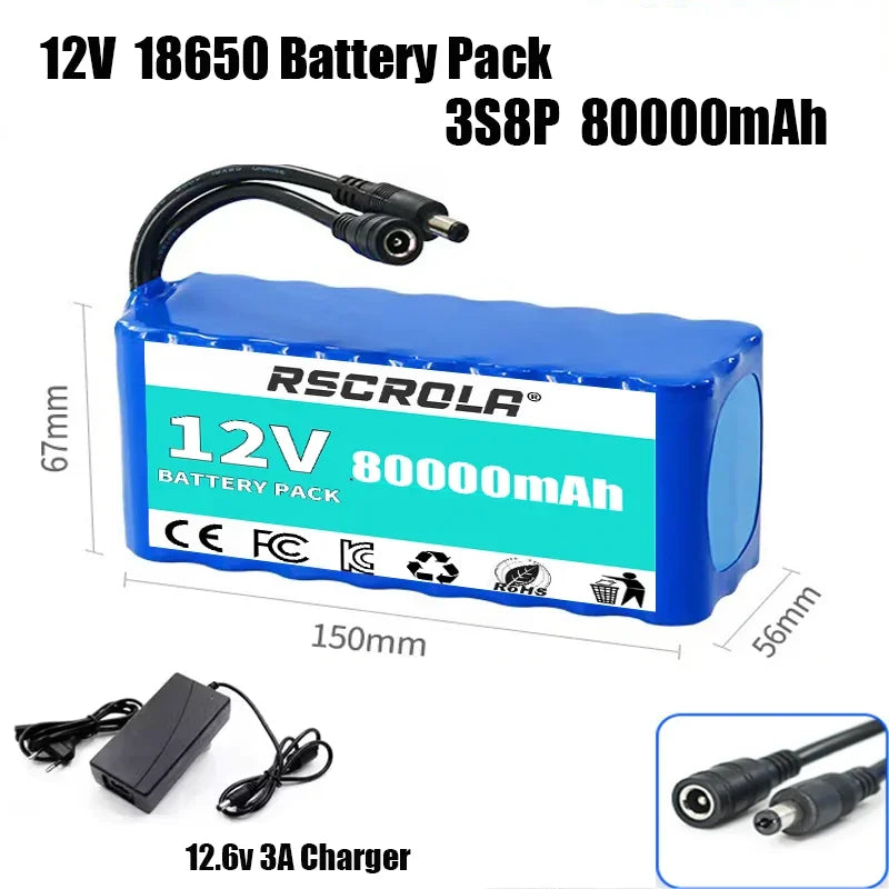 12V Rechargeable 18650 Lithium Battery Pack with BMS & Charger – Long Cycle Life for Solar, LED Light, RC Model, Power Supply Oasis Select 3s8p 80Ah