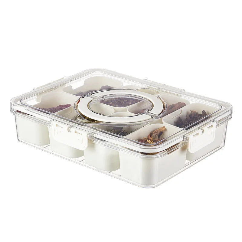 Divided Rotating Serving Tray with Lid and Handle, Portable Snackle Box for Fruits Snacks Veggie Charcuterie, Clear Snack Spinne Oasis Select