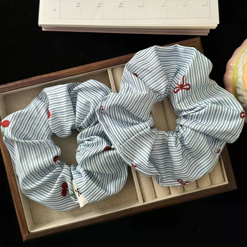 2Pcs Korean Delicate Style Blue Striped Red Bow Cherry Scrunchie Hair Tie Fashionable New Hair Accessories Oasis Select
