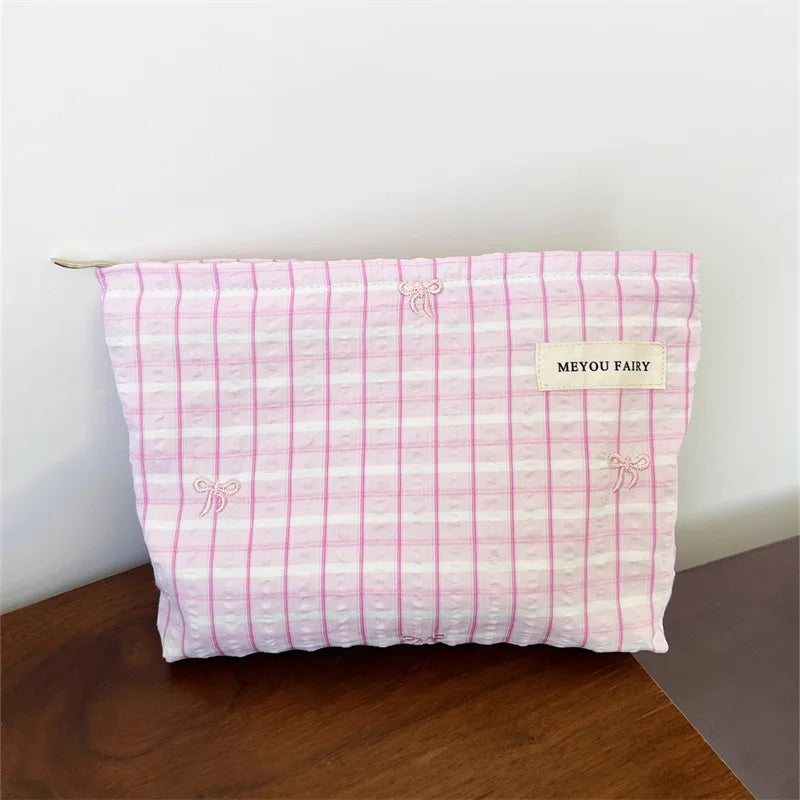Fashion Women Bow Stripe Makeup Bag Portable Toiletry Lipsticks Cosmetic Storage Pouch Clutch Bag Ladies Organizer Handbag Oasis Select Pink A