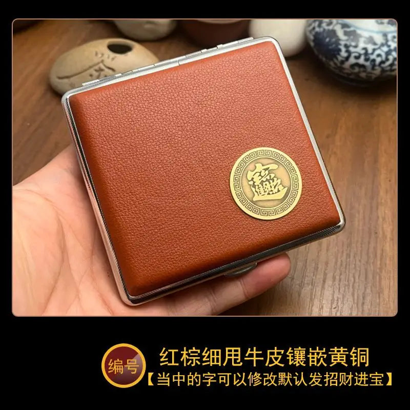 Cowhide Cigarette Box Thick Cigarette Side-flip Ultra-thin Handcrafted Top Layer Classic Men's Retro 20-pack Cigarette Box Oasis Select F