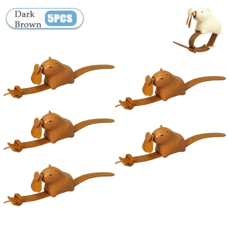 1-10PCS Cute Capybara Wrist Fan Portable Handheld Fan USB Rechargeable Silent Wearable Watch Style Cooling Gadget for Summer Oasis Select Dark Brown-5PCS