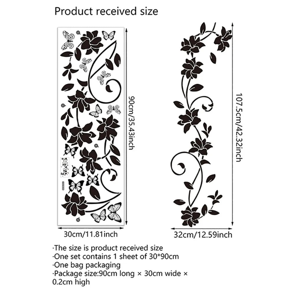 Black Flower Vine Butterfly Wall Sticker Removable Background Bedroom Room Decoration Aesthetic Self Adhesive Art Decor Oasis Select black