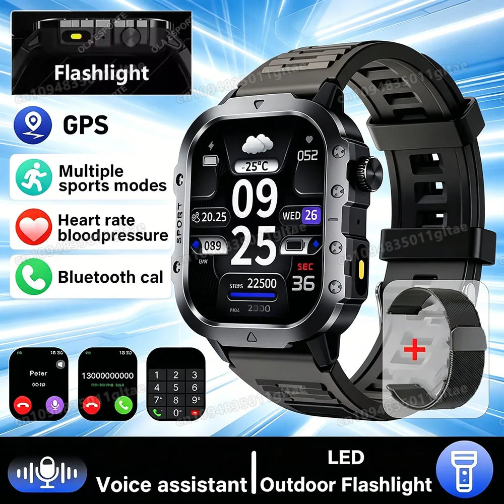 Military-Grade Smartwatch – Bluetooth Call, Flashlight & 100+ Sports