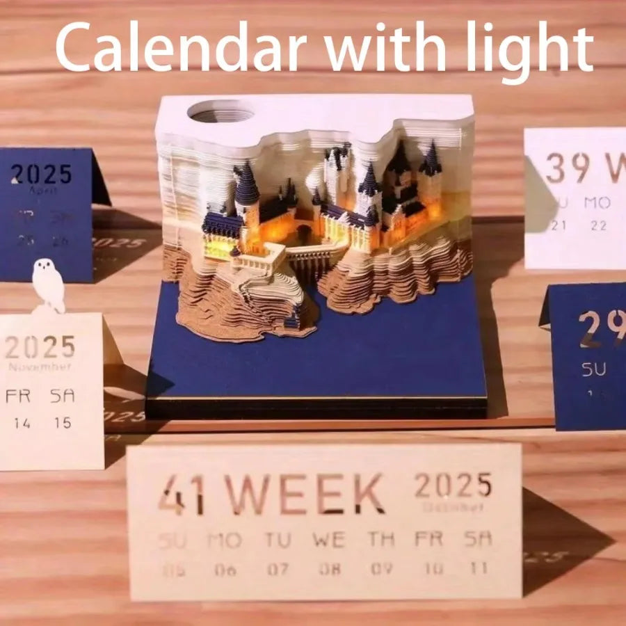 3D 3D Magic Castle Sticky Note Calendar Tearable Paper Sculpture with LED Light Weekly Desk Decor Creative Craft Gift Oasis Select