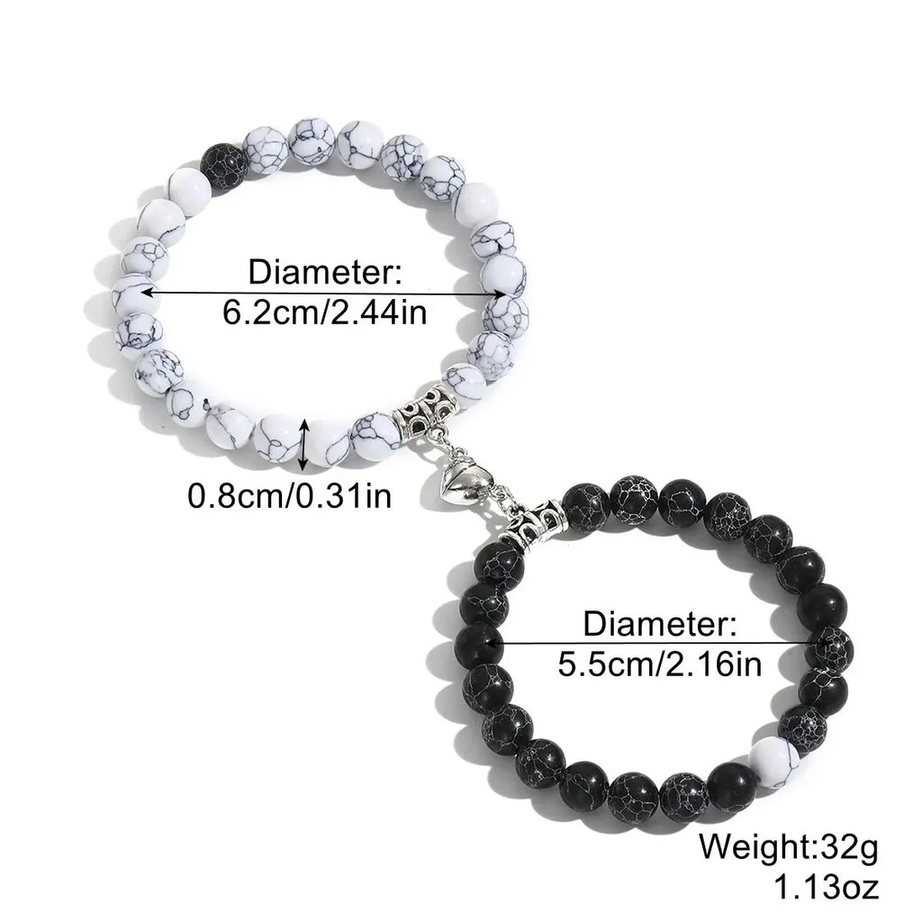Natural Stone Bead Couple Bracelets Set – Heart Magnet, 2 Pcs