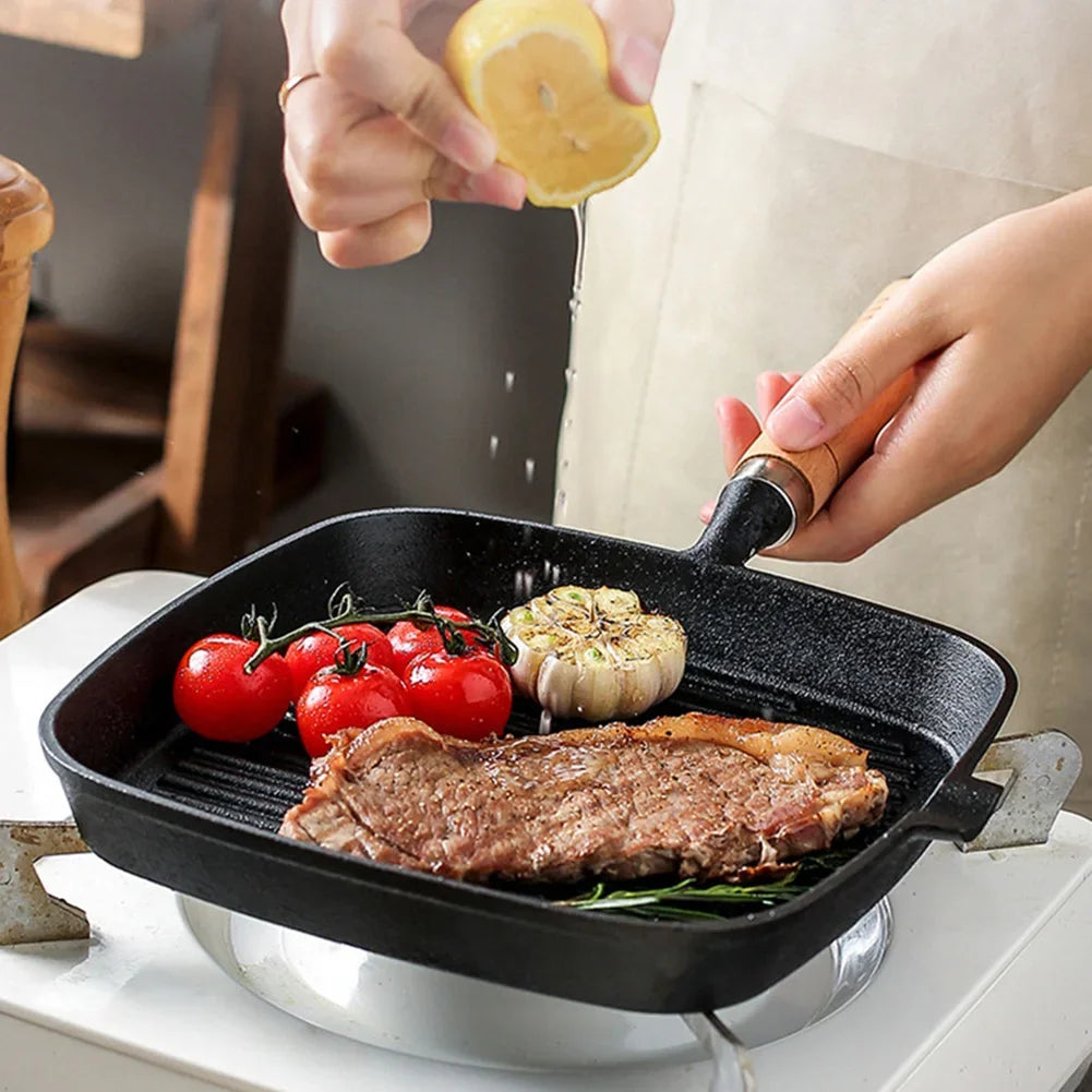 Cast Iron Grill Pan Non-Stick Square Skillet with Drip Spout with Wooden Handle for Indoor & Outdoor Grilling Oasis Select