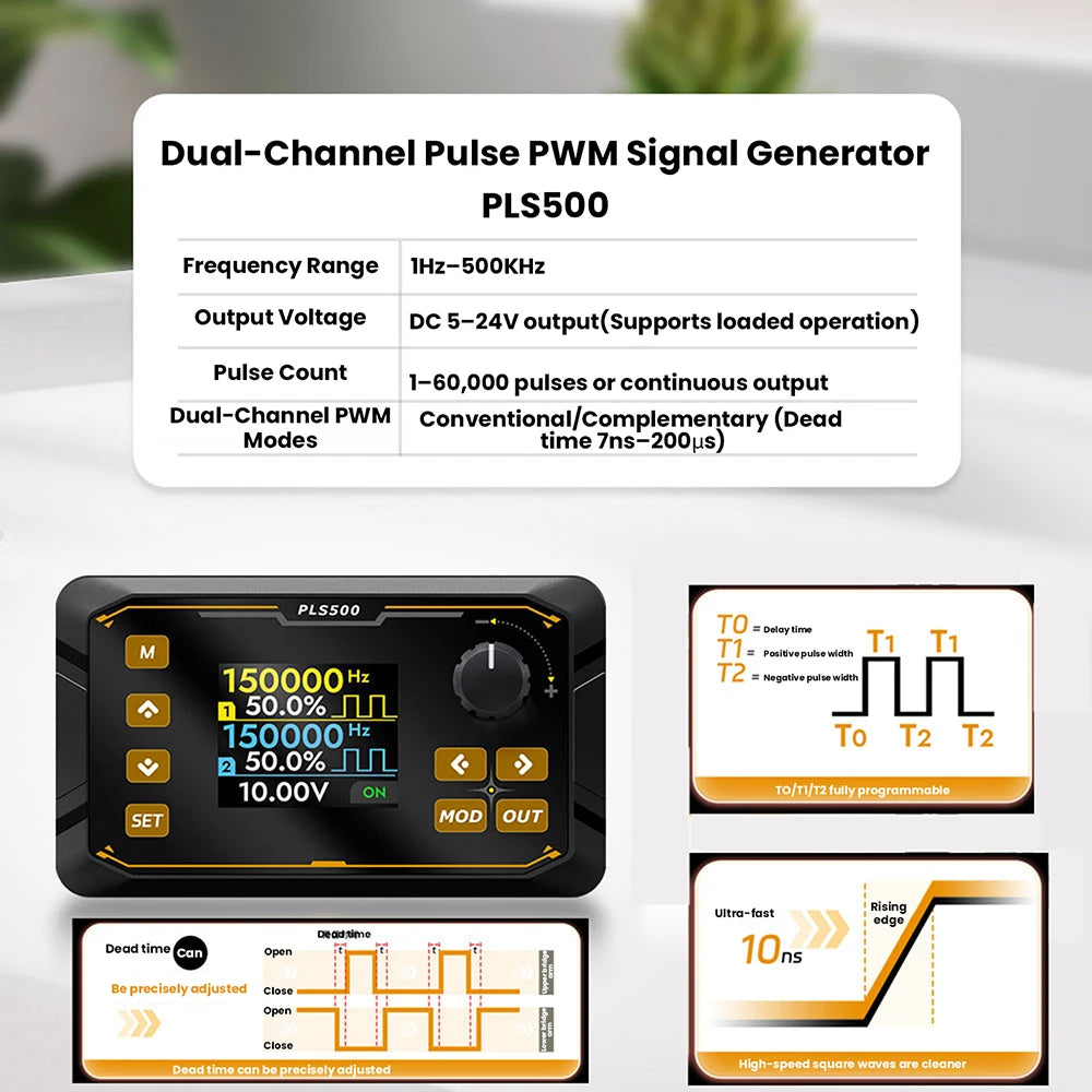 DC5-24V PLS500 Dual Channel Pulse PWM Signal Generator 1Hz~500kHz with Adjustable Dead Time and Programmable Support Switching Oasis Select