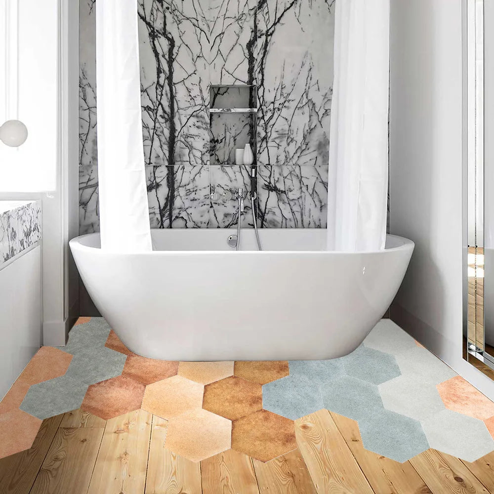 Stereoscopic simulation hexagonal self-adhesive ceramic tile decorative anti-skid coating twill film floor tile wall decor Oasis Select