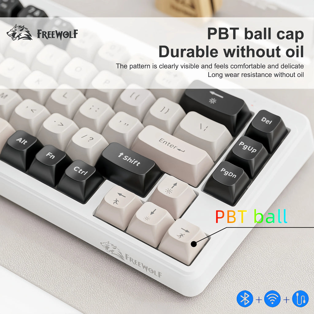 FREEWOLF M68 Three-mode BT/2.4G/Wired Keyboard, 2000mAh Battery, Colorful Rainbow Backlit, Durable PBT Keycaps, Double Leg Brace Oasis Select