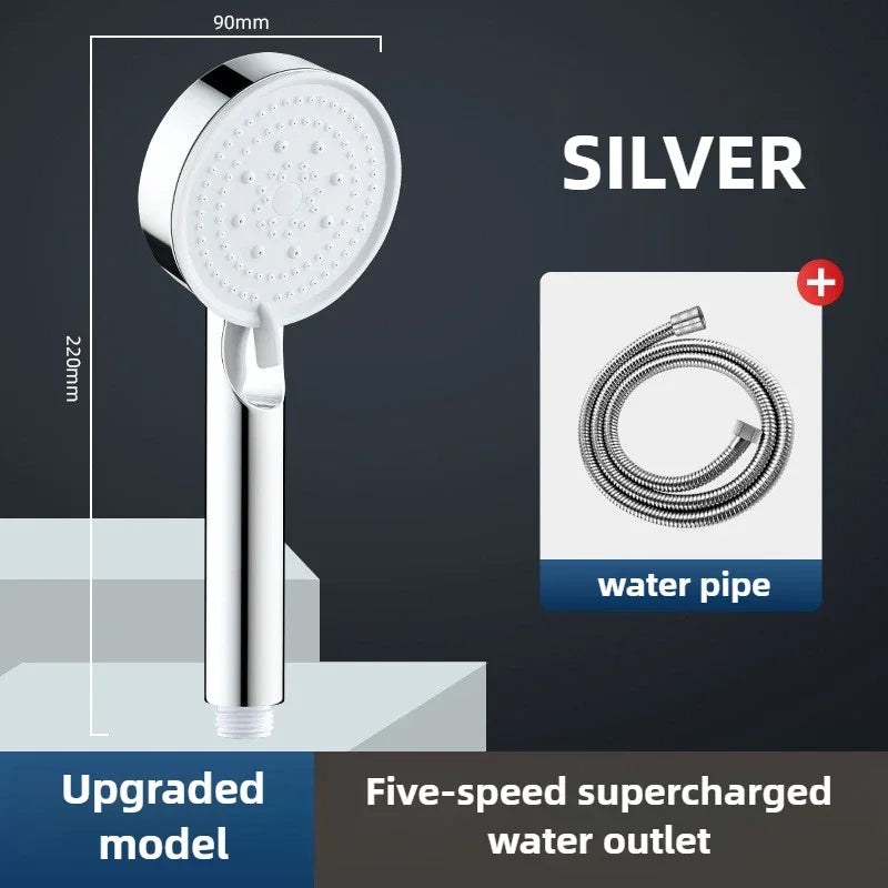 5 Mode Pressure Boost Shower Head Multifunction Adjustable Large Water Yield Shower Nozzle Massage Shower Bathroom Accessory Oasis Select silver head and pipe