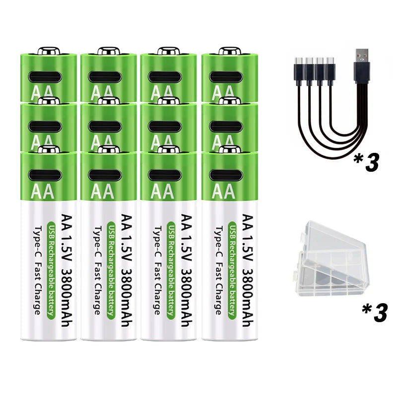 2026 Hot Li-ion AA Rechargeable Batteries USB Lithium-ion 3800mAh 1.5V AA Rechargeable Batteries+ Data Cable and Storage Box Oasis Select 12PCS 1.5V