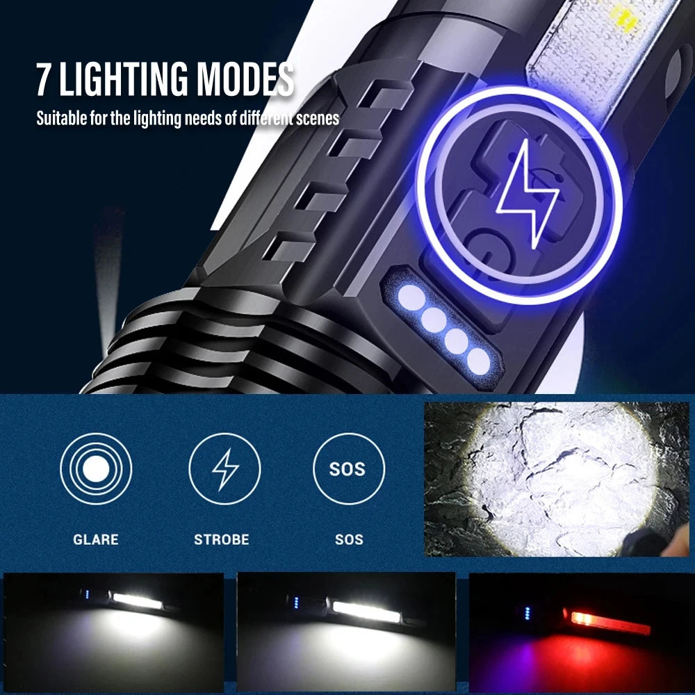 KDULIT XHP70 LED Flashlight 7-Mode Zoomable USB Rechargeable Torch