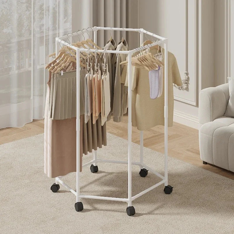 Hexagon Rotating Floor Clothes Rack Dormitory Coat Hanger Stand Indoor Drying Rack Movable Garment Organizer Hat Stand Oasis Select WHITE