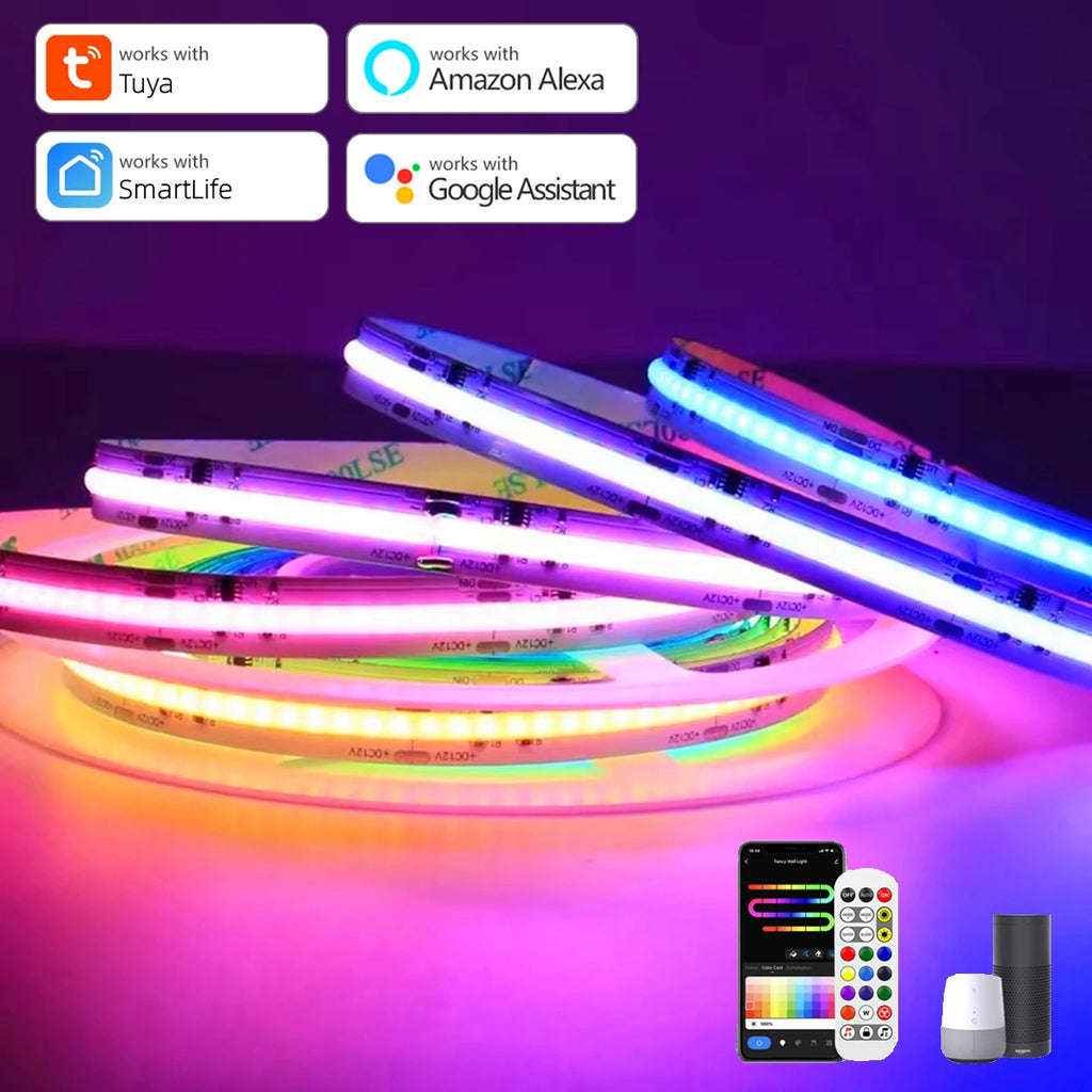 Smart Colorful COB LED Stirp with Tuya Controller 12V RGBIC APP Control DIY Segmented Control Color Game Room Night Ambinet Lamp Oasis Select